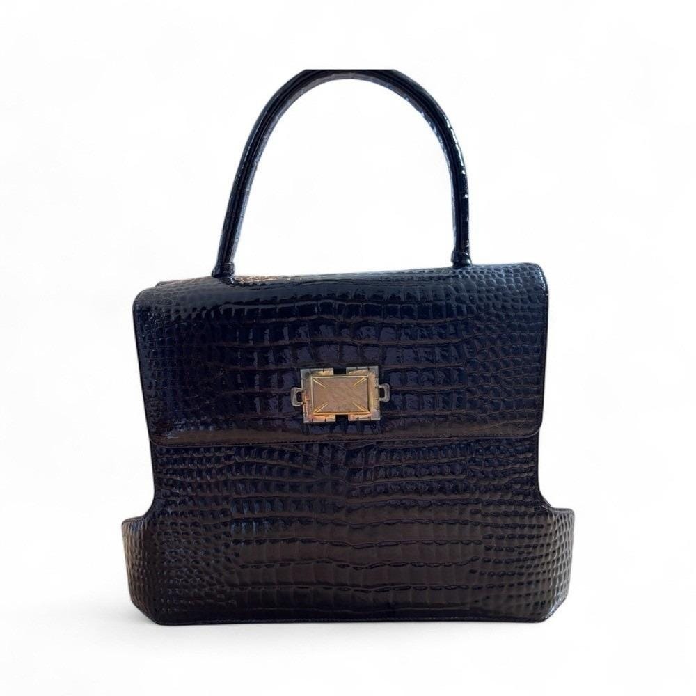 Vintage Prestige shine Dark Brown Crocodile-Embossed Handbag w/gold tone